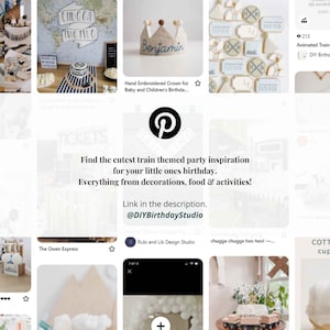 May include: Pinterest page with a collage of images for a train themed party. The text reads "Find the cutest train themed party inspiration for your little ones birthday. Everything from decorations, food & activities!" and "Link in the description. @DIYBirthdayStudio".