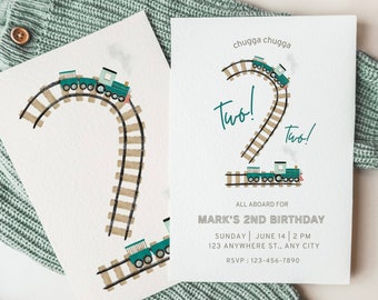 May include: A green and brown train birthday invitation with the text "chugga chugga" and "Two!" on a white background. The invitation says "All aboard for Mark's 2nd Birthday" and includes the date, time, and location.