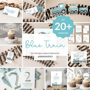 Chugga Chugga Two Two Decorations Train Birthday Banner Blue Train Second Birthday Decor All Aboard Boys Birthday Train BUNDLE