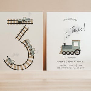 Trein verjaardagsuitnodiging sjabloon voor 3e verjaardagsfeestje jongen groene trein kinderen verjaardagsfeestje decoraties neutraal derde verjaardag treinuitnodiging