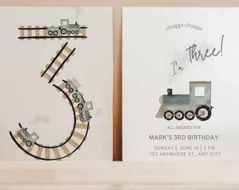 Modelo de convite para 3º aniversário de trem: Festa de trem verde (download digital)