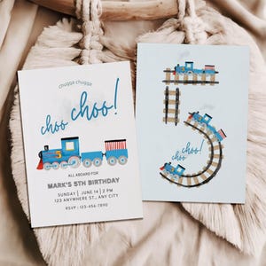 Faire-part 5e anniversaire train bleu pour garçon – Faire-part de fête modifiable Choo Choo