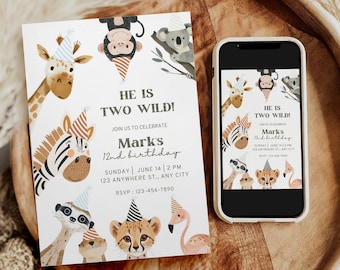 Editable Safari Birthday Invitation, Jungle Animals 2nd Birthday Invite, Two Wild Party Printable Template