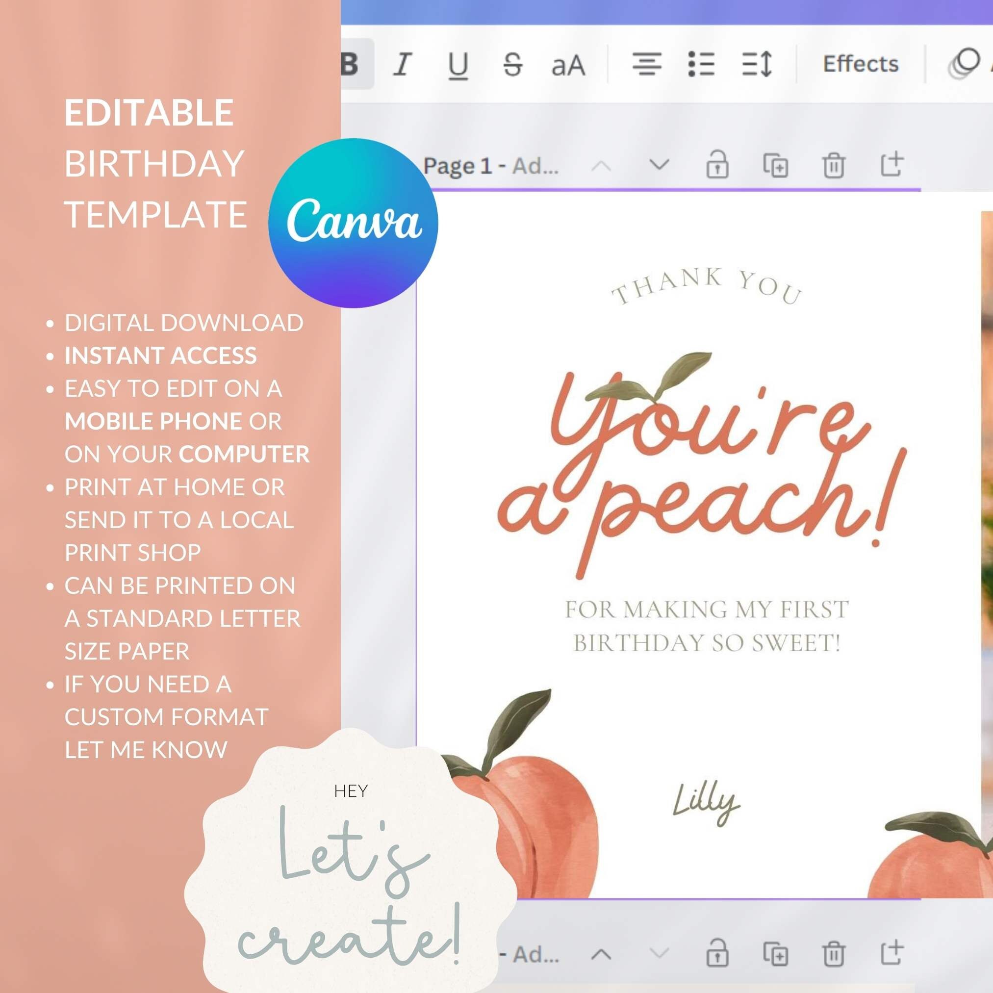 Sweet Peach First Birthday Thank You Card: Editable Template - Etsy