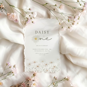 Modello di invito per la festa del primo compleanno di Daisy, invito di compleanno di Daisy, invito per il primo compleanno di Boho Daisy, invito digitale floreale