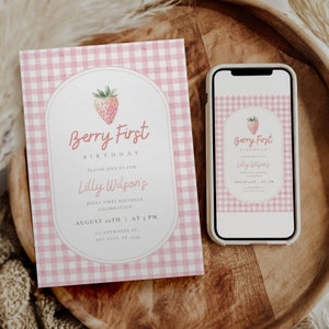 Berry First Birthday Invitation Template, Strawberry 1st Birthday Invite, Girls 1st Birthday Invitation, Printable Invite, Pink Gingham