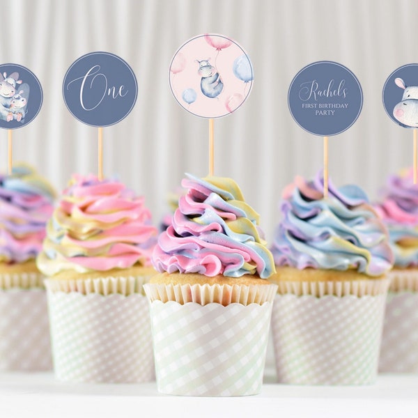 Watercolor Hippo Birthday Cupcake Topper, Birthday Cupcake Topper, EDITABLE Cupcake topper, Hippo Theme Printable, Birthday Canva Template