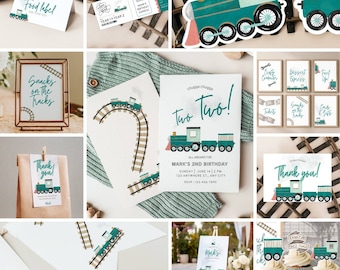 Chugga Chugga Two Two Train Birthday Bundle Green – Animated Train Invitation & Editable Canva Templates for Boys 2nd Birthday Party