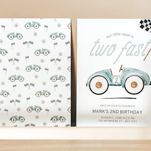 Editable TWO Fast Birthday Invitation, Race Car 2nd Birthday Invite, Racing Car, Vintage Racecar, Printable Template, Instant Download
