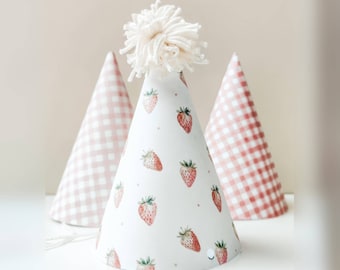 Berry First Birthday Party Hats: Pink Gingham, Strawberry Theme (PDF)