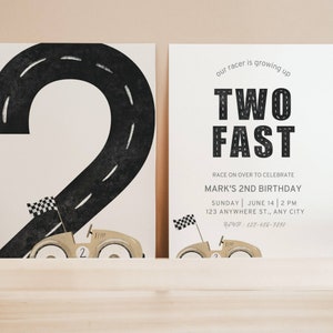 Editable TWO Fast Birthday Invitation Race Car 2nd Birthday Invite Racing Car Neutral Vintage Racecar Printable For 2 Year Old
