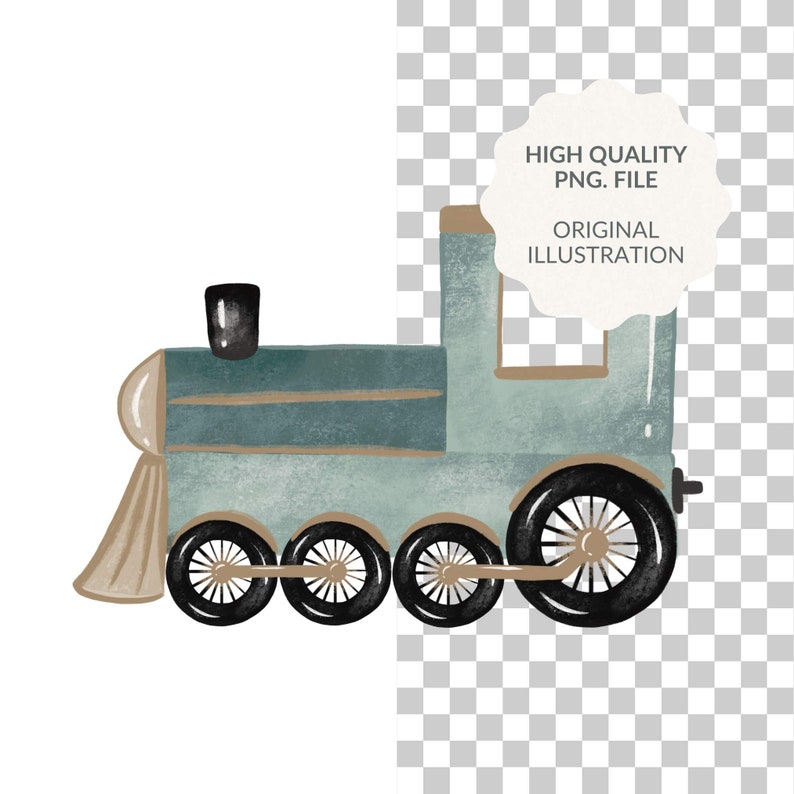 May include: A blue and brown cartoon train with black wheels and a brown smoke plume. The train is a digital illustration.