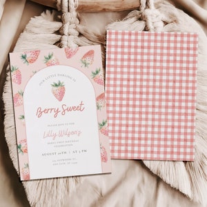 EDITABLE Pink Gingham Berry First Birthday Invitation, Berry First Birthday Digital Invitation Birthday, Strawberry First Birthday Invite