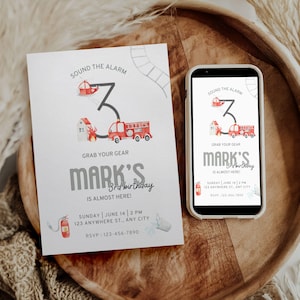 Sound the Alarm Fire Truck 3rd Birthday Invitation | Editable Template | Grab Your Gear Party Invite with Cute Watercolor Firetruck Clipart
