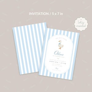 Op de afbeelding: Blauw-wit gestreepte uitnodiging voor een eerste verjaardagsfeest. De uitnodiging bevat een cartoonillustratie van een gans en de tekst "One Billy Goom Oliver is turning one! Please join us to celebrate August 20th at 6 PM"