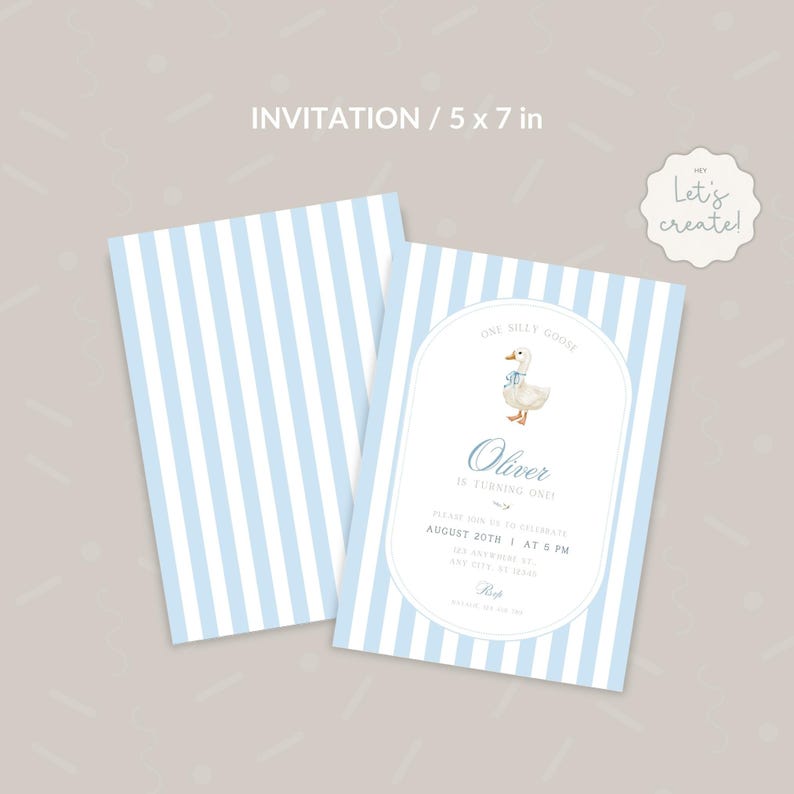 Op de afbeelding: Blauw-wit gestreepte uitnodiging voor een eerste verjaardagsfeest. De uitnodiging bevat een cartoonillustratie van een gans en de tekst "One Billy Goom Oliver is turning one! Please join us to celebrate August 20th at 6 PM"
