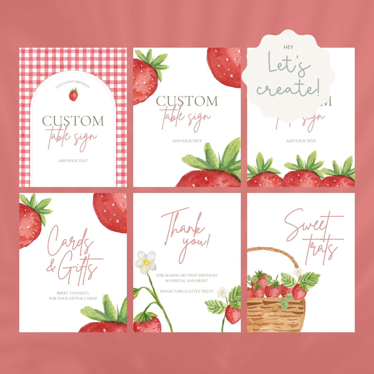 Berry First Birthday Table Signs: Red Gingham, Editable Template - Etsy