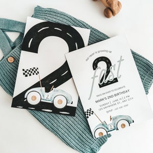 Bearbeitbare ZWEI schnelle Geburtstagseinladung, Rennauto 2. Geburtstag einladen, Rennwagen, Vintage Rennauto, druckbare Vorlage, sofortiger Download