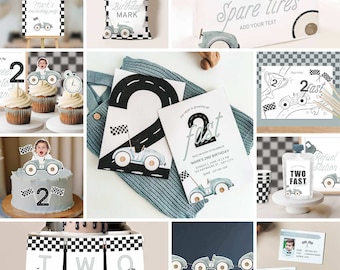 Editable TWO FAST Birthday MEGA Bundle, Race Car 2nd Birthday Decor, Racing Car, Vintage Racecar, Printable Template, Instant Download