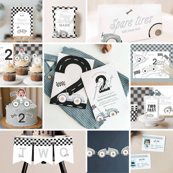 Two Fast Birthday Bundle – Editable Canva Templates for Boys 2nd Birthday, Pastel Blue Race Car Party Decorations & Invitation Set