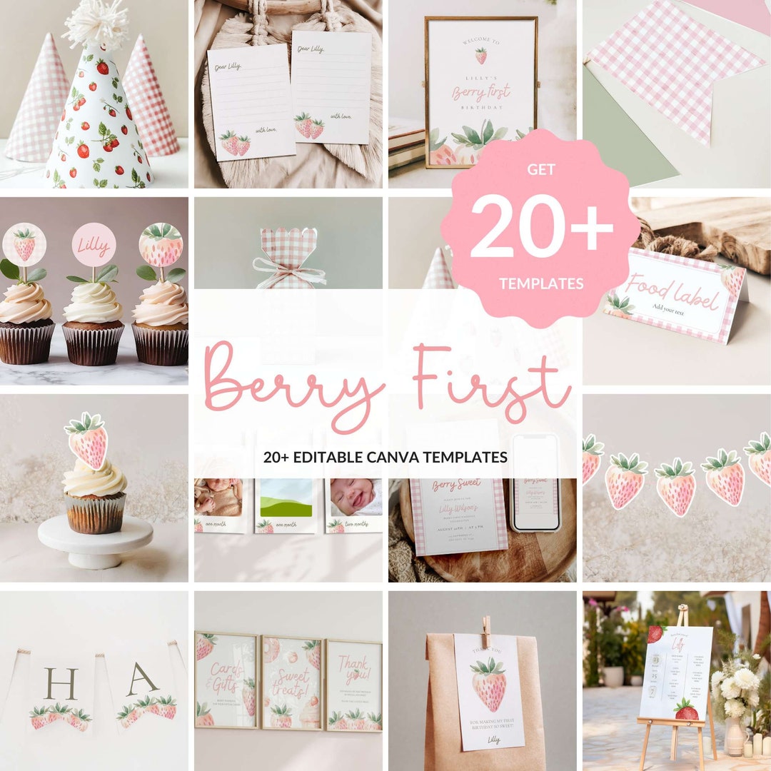 Pink Gingham Strawberry First Birthday Party Package (editable Canva ...