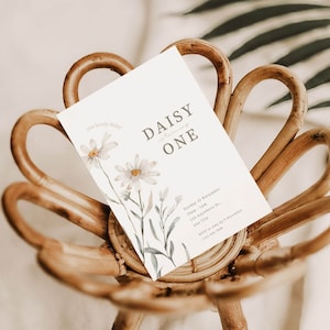 Aquarell Daisy Party Einladung Erster Geburtstag einladen Boho Party einladen Geburtstag einladen für Mädchen Daisy Birthday Thema 1.Geburtstag