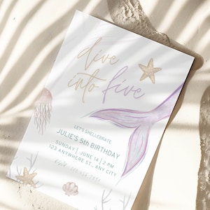Dive into Five Mermaid Tail Birthday Invitation, Under the Sea Birthday Invitation Girl, Editable Birthday Template, Purple Mermaid Birthday