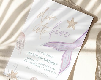 Dive into Five Mermaid Tail Birthday Invitation, Under the Sea Birthday Invitation Girl, Editable Birthday Template, Purple Mermaid Birthday