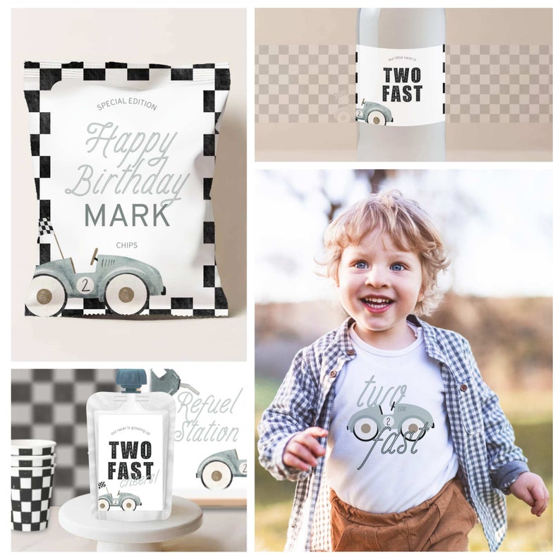 May include: A set of party supplies featuring a blue race car design. The set includes a chip bag, a juice pouch, a cup, and a t-shirt. The chip bag says "Happy Birthday Mark" and "Special Edition". The juice pouch says "Two Fast" and "Refuel Station". The cup has a black and white checkered pattern. The t-shirt says "Two Fast".