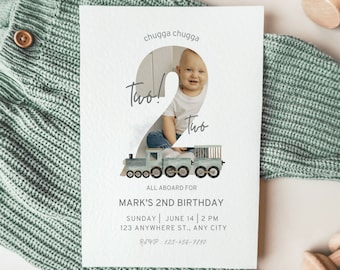 Chugga Chugga Two Two Birthday Invitation Train Second Birthday Printable Invite All Aboard Boys Birthday Invite Birthday Evite With Photo