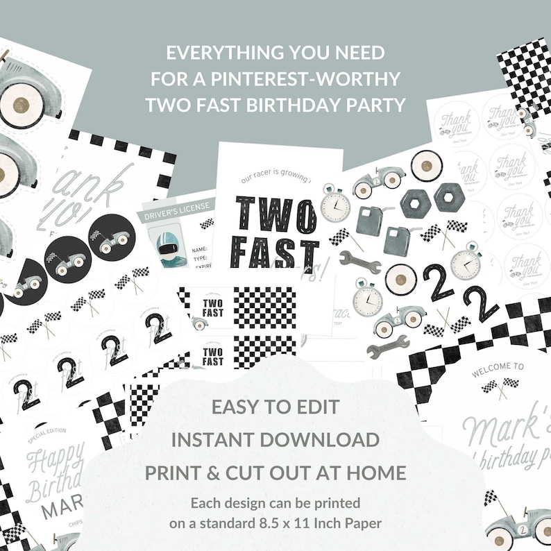 May include: Printable party decorations for a two-year-old's birthday party with a race car theme. The set includes a welcome sign, thank you tags, a driver's license, a banner, and other decorations in black, white, and gray.