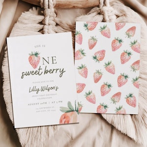 Berry First Birthday Invitation Template, Strawberry 1st Birthday Invite, Girls 1st Birthday Invitation, Printable Invite