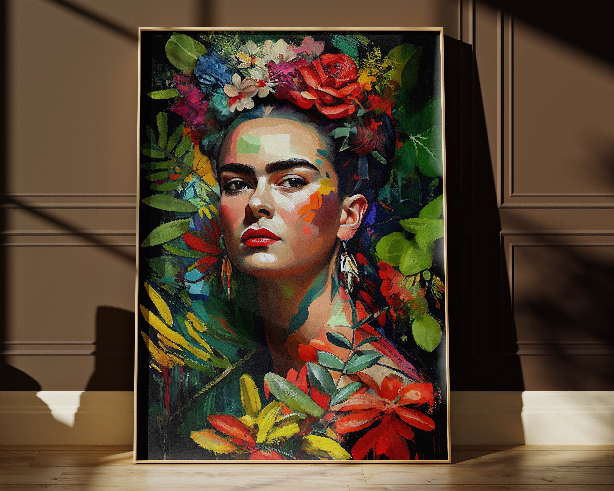 Printable Poster, Watercolor Frida Kahlo Portrait. Flowers. Exotic