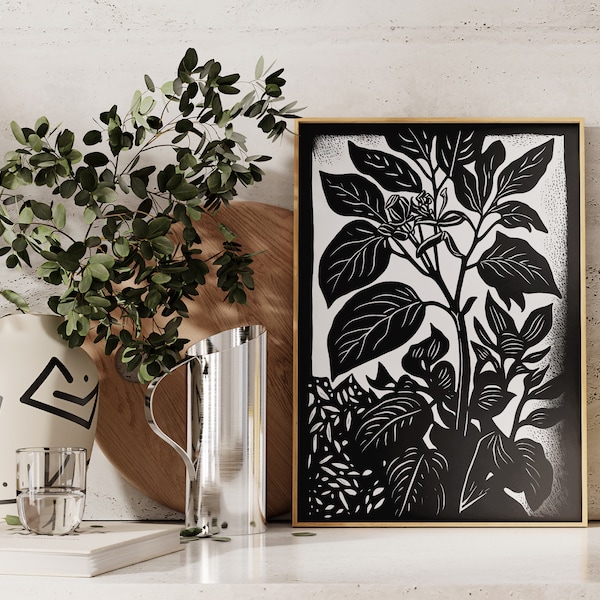 Black and White Abstract Flowers Poster, Linocut style. Digital Art Print, Printable Wall Art. Digital download.