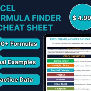 May include: A digital Excel Formula Finder & Cheat Sheet workbook displayed on a tablet screen. The interface features a quick navigation menu with sections for Formula Finder, Formula Library, Practical Examples, Practice, Answers, and Categories.