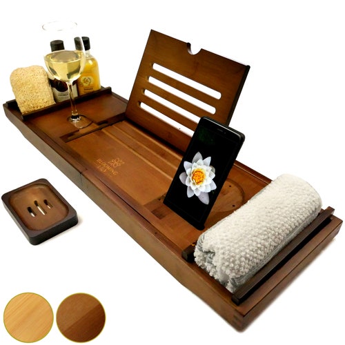 Oak Bath Caddy Bath Tray With Wine Glass Towel and Phone Etsy