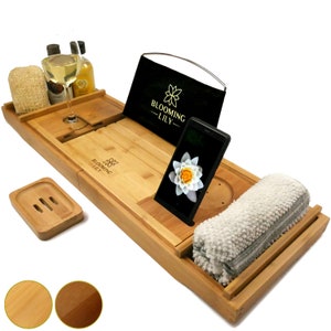 Bath Tray Caddy with Wine Glass Holder, iPad Stand and More – Suitable for Most Baths (Natural - Cloth rest)
