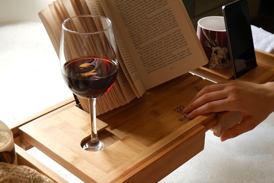 Bath Tray Caddy With Wine Glass Holder Ipad Stand and More Etsy