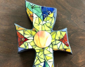 Multi-colored Mosaic Cross with sun