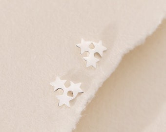 Minimalist Triple Star Stud Earrings for Women in 925 Sterling Silver | Celestial Earrings | Hypoallergenic | 7mm | Perfect Gift for Her