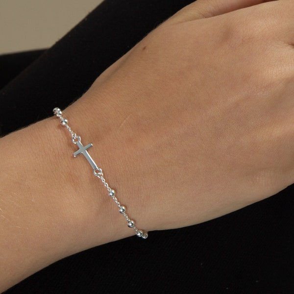 Bracelet boule et croix pour femme / Bracelet en argent sterling 925 / Bracelet réglable / Cadeau religieux / Bracelet croix / Bracelet boule