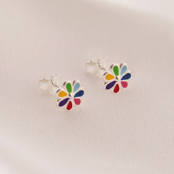 Charming Daisy Earrings in 925 Sterling Silver | Multicoloured Flower Enamel Earrings | 7 mm | Perfect Gift for Her