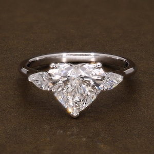 2.83 CT Heart Shape Lab Grown Diamond Engagement Ring in 18K Solid White Gold, Heart & Pear Shape, IGI Certified Diamonds, Three Stone Ring