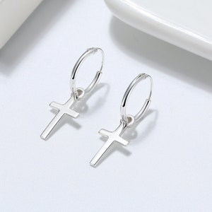 Sterling Silver Cross Huggie Hoop Earrings, Dainty Cross Earrings, Cross Charm Dangle Earrings, Religious Jewelry, Spiritual Gift for Her image 1