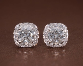 2.89 ctw Round Lab Grown Diamond Stud Earrings, Halo Diamond Studs, E VVS2 Certified Round Cut Diamond, Ideal Gift for Her