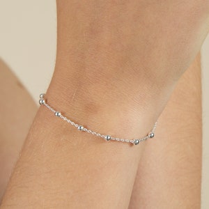 Solid Sterling Silver Ball Bracelet, 925 Silver Stacking Adjustable Bracelet, Dainty Layering Bracelet, Sterling Silver Jewelry for Her