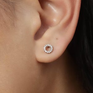 CZ Open Circle Stud Earrings in Rhodium Plated 925 Sterling Silver | 6mm Circle of Life Cubic Zirconia Earrings | Gift for Her