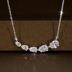 Pear Shape Graduated Lab Grown Diamond Necklace in 18K Solid White Gold Certified Diamonds Dainty Bridal Necklace Perfect Gift for Her
