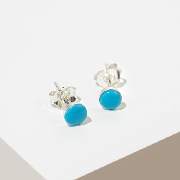 Turquoise Stud Earrings in Sterling Silver, 4mm Turquoise Earrings, Minimalist Gemstone Studs, December Birthstone, Gift Box