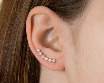 Pendientes de orejera con circonita cúbica de línea curva para mujer en plata de ley 925 / Pendientes trepadores de plata u oro / 6x18 mm / En caja de regalo